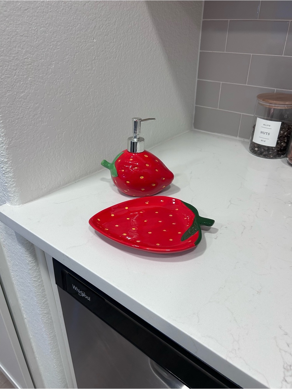 Strawberry Ceramic Soap Dispenser & Matching Strawberry Trinket Plate/Dish Set